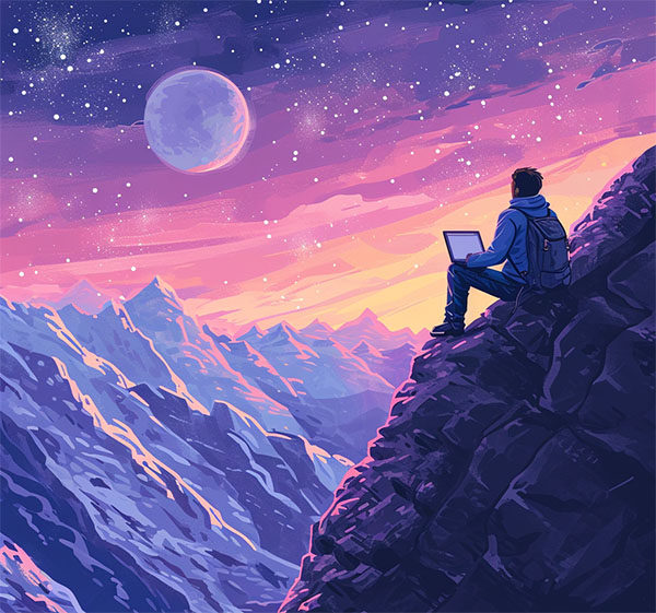 Developer sitting on a mountain, looking into the far distance, to the horizon